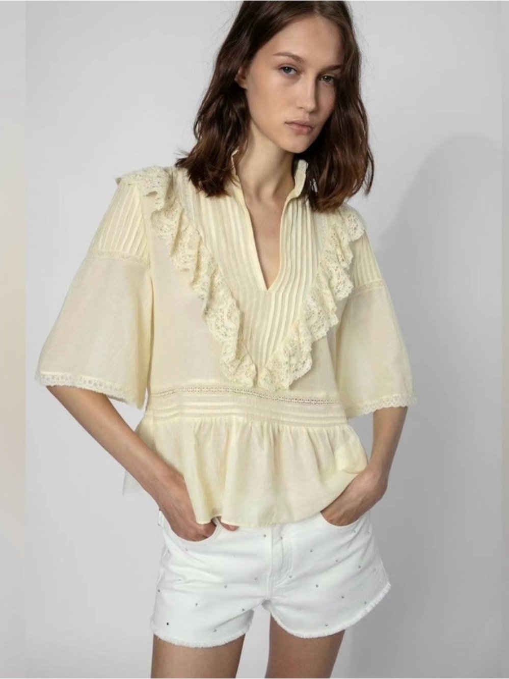 Zadig and Voltaire Tonelo Tomboy Blouse Size Large Butter Yellow feminine ruffle